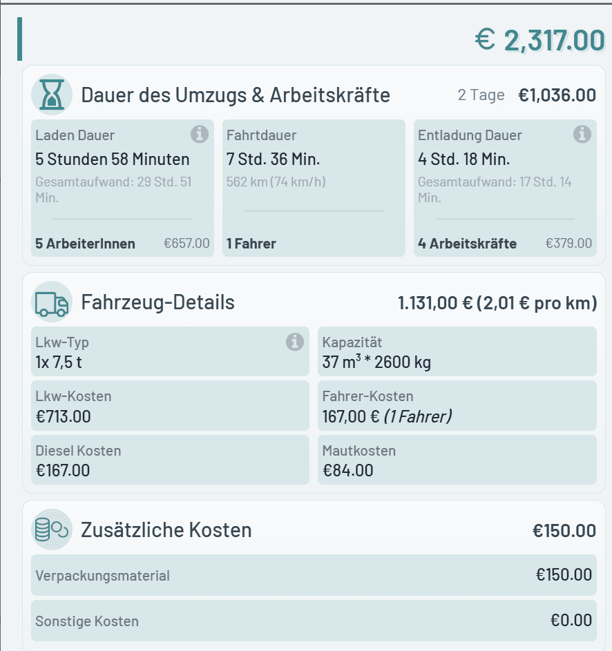 Moving Calculator – interne Netto-Kalkulation